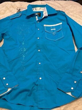 El General Turquoise Button-Down Western Embroidered Shirt